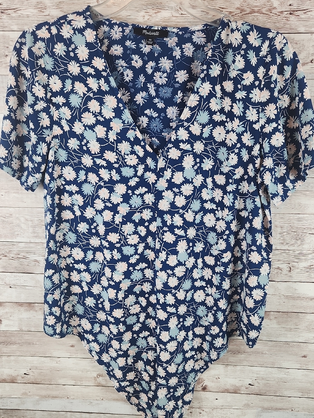 Madewell Navy Blue Daisy Print V-Neck Blouse - Picture 4 of 5